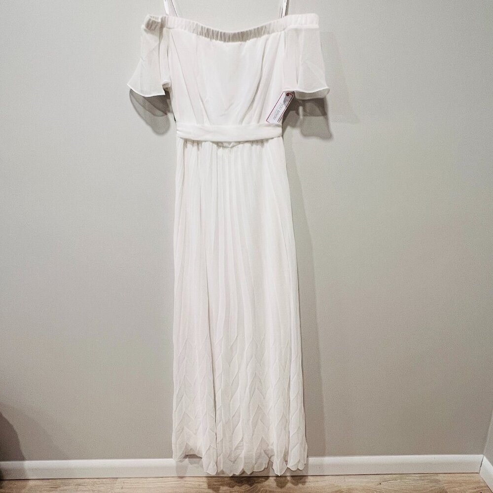 BISOU BISOU Off White Chiffon Off shoulder Pleated bottom Maxi long formal dress